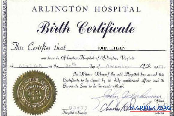 Realistic United States Arlington hospital birth certificate example